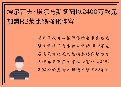 埃尔吉夫·埃尔马斯冬窗以2400万欧元加盟RB莱比锡强化阵容 埃尔吉夫·埃尔马斯冬窗以2400万欧元加盟RB莱比锡强化阵容